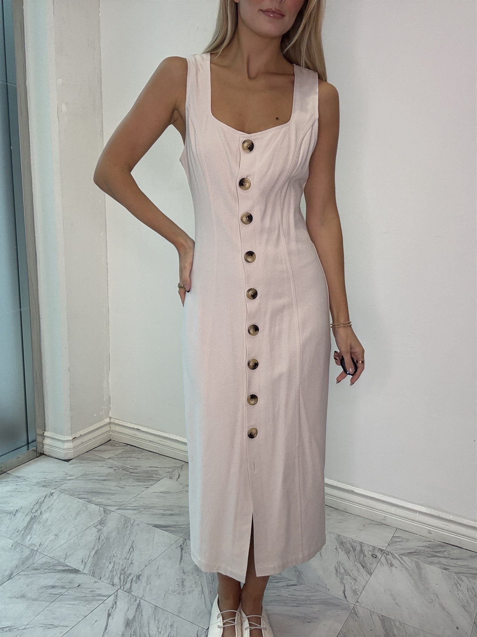 Oatmeal Sheath Button Midi Dress