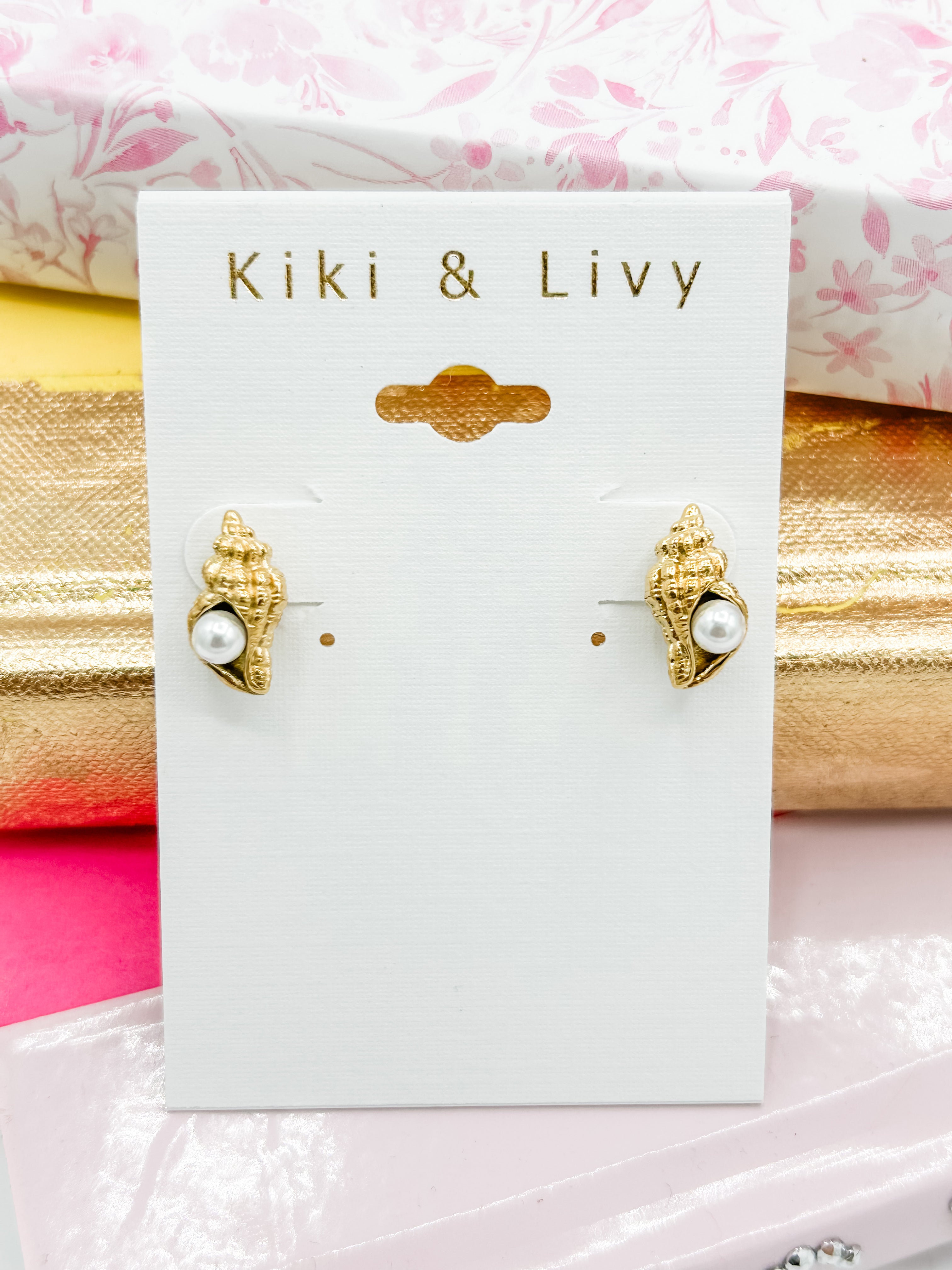 Gold Seashell with Pearls Studs