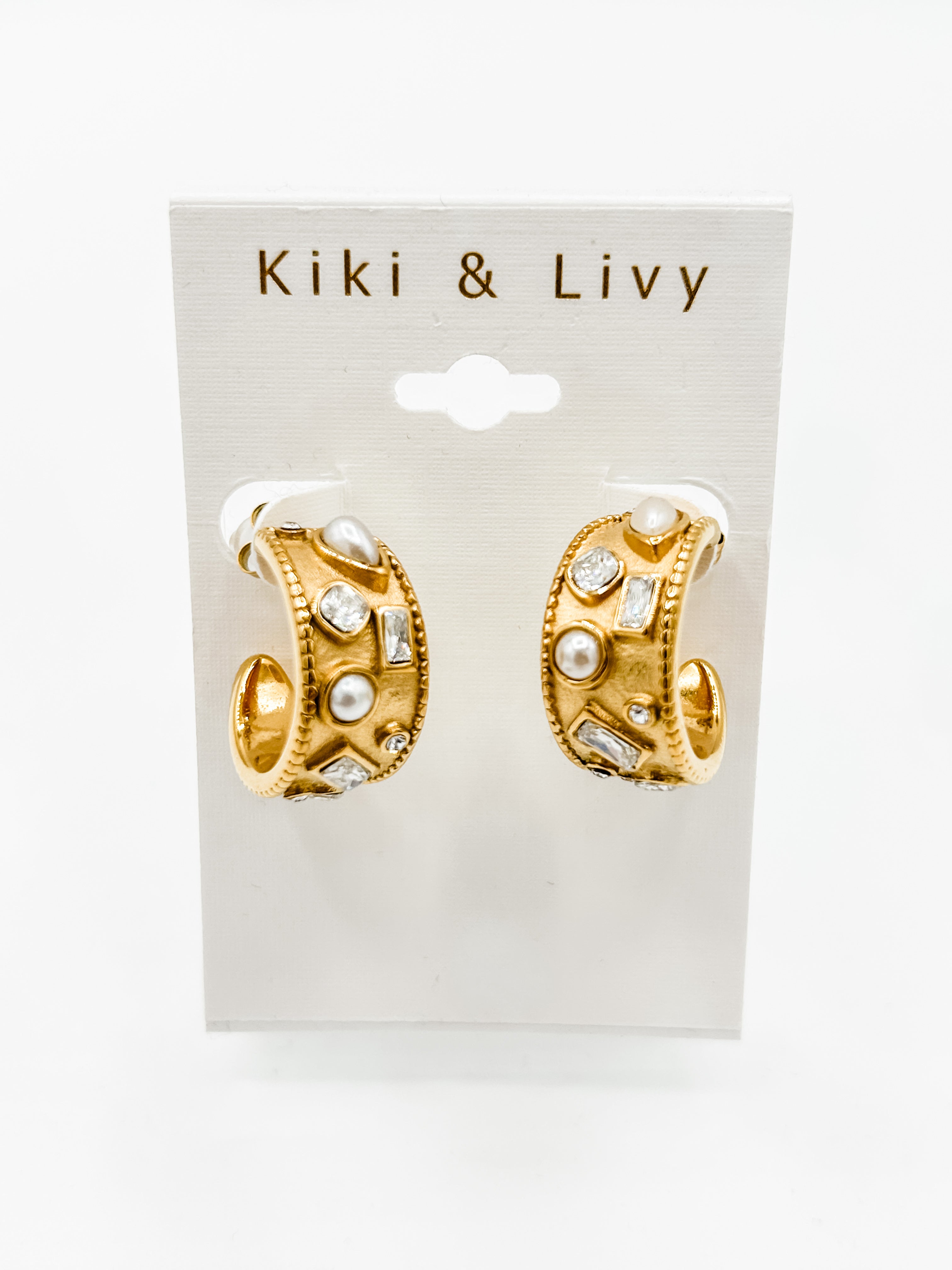 Gold Wide Pearl Rhinestone Hoop Earrings