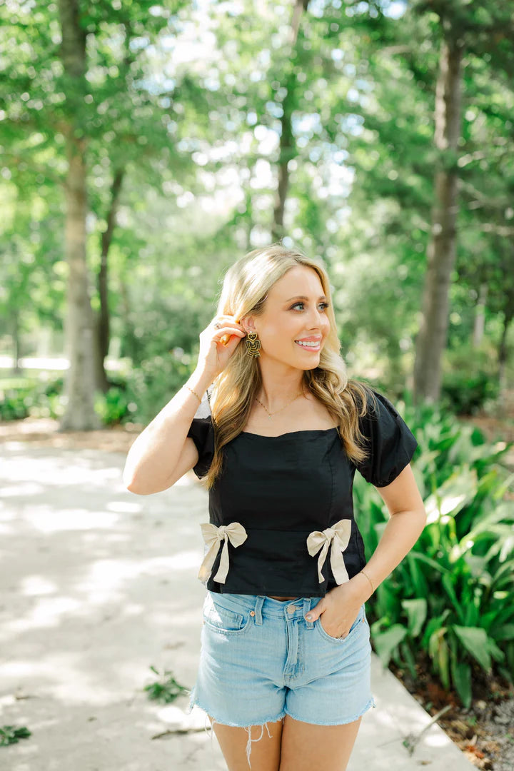 Black & Gold Beaded Bow Earrings