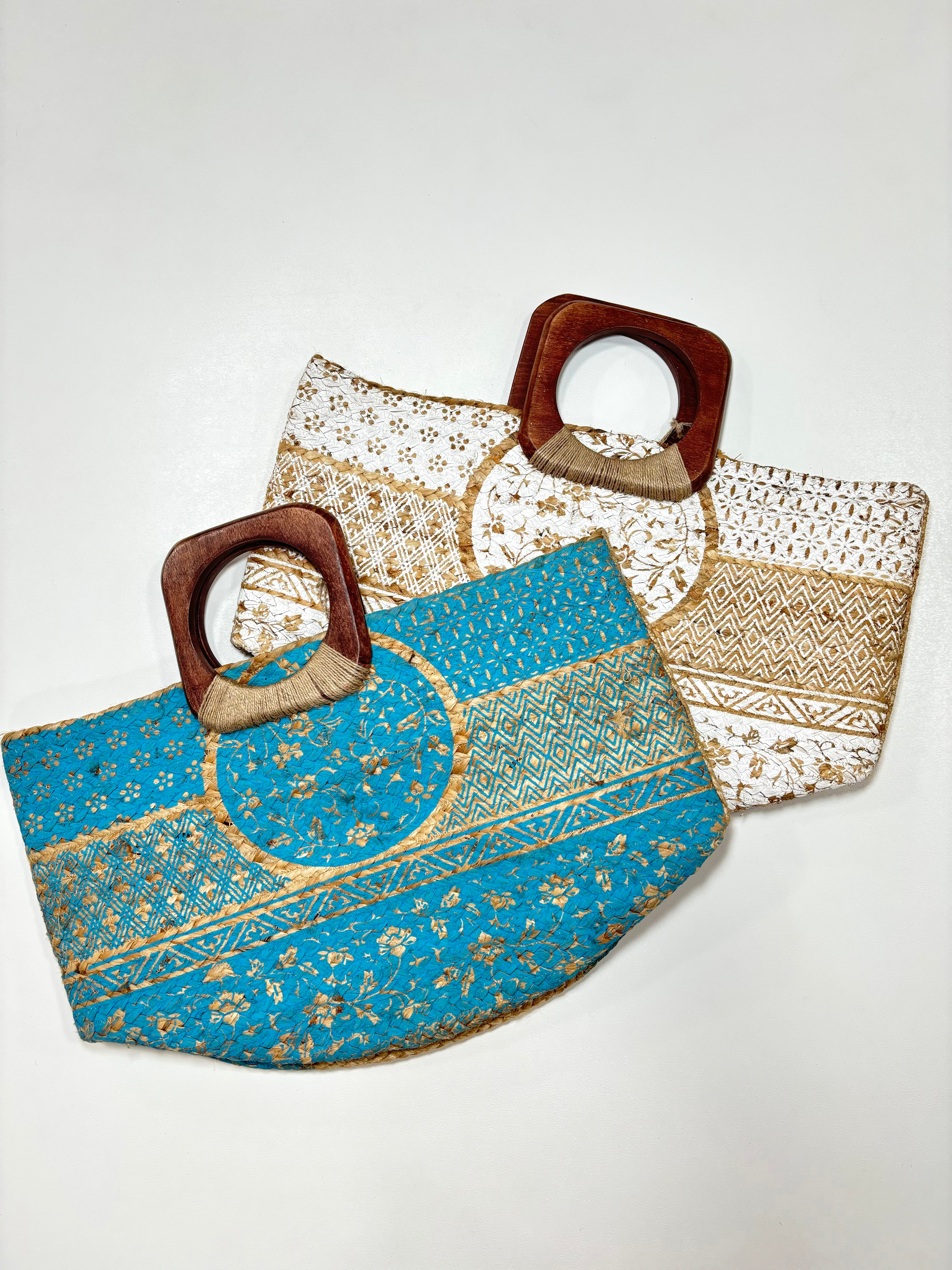 Turquoise Wooden Handle Jute Bag