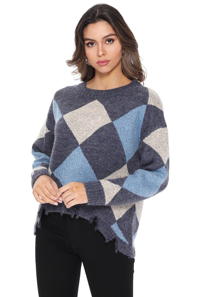 Lucia Checkered Distressed Sweater