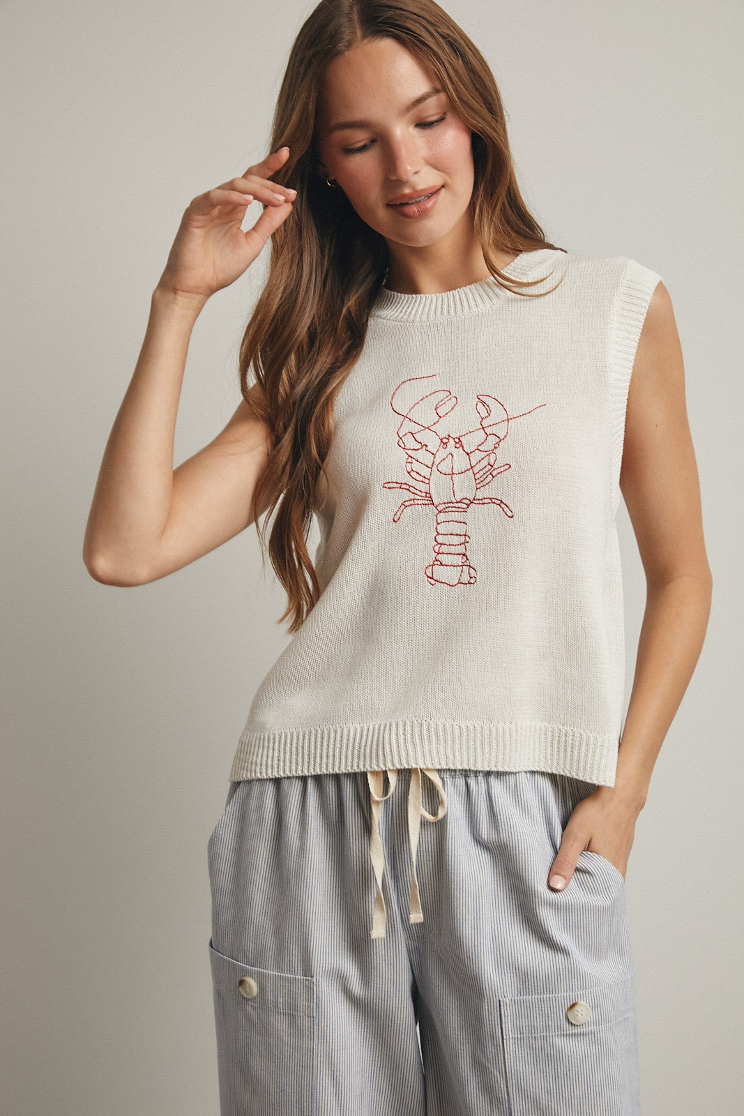 Cream Crawfish Embroidered Top