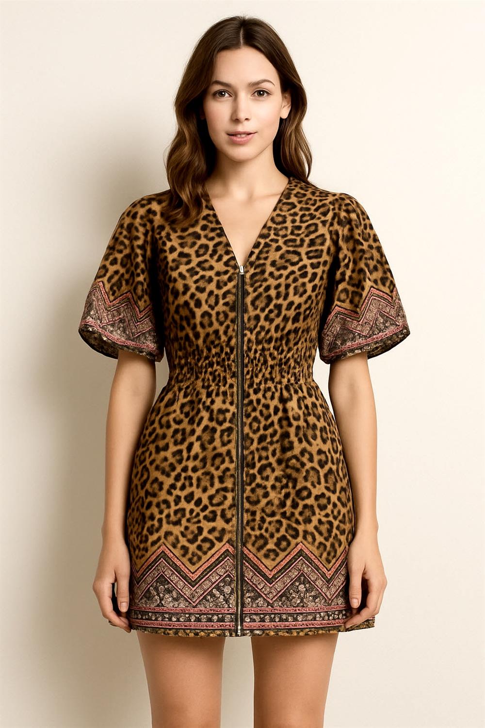Leopard Border Print Zip Dress