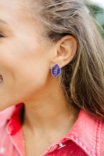 Blue Beaded Football Stud Earrings