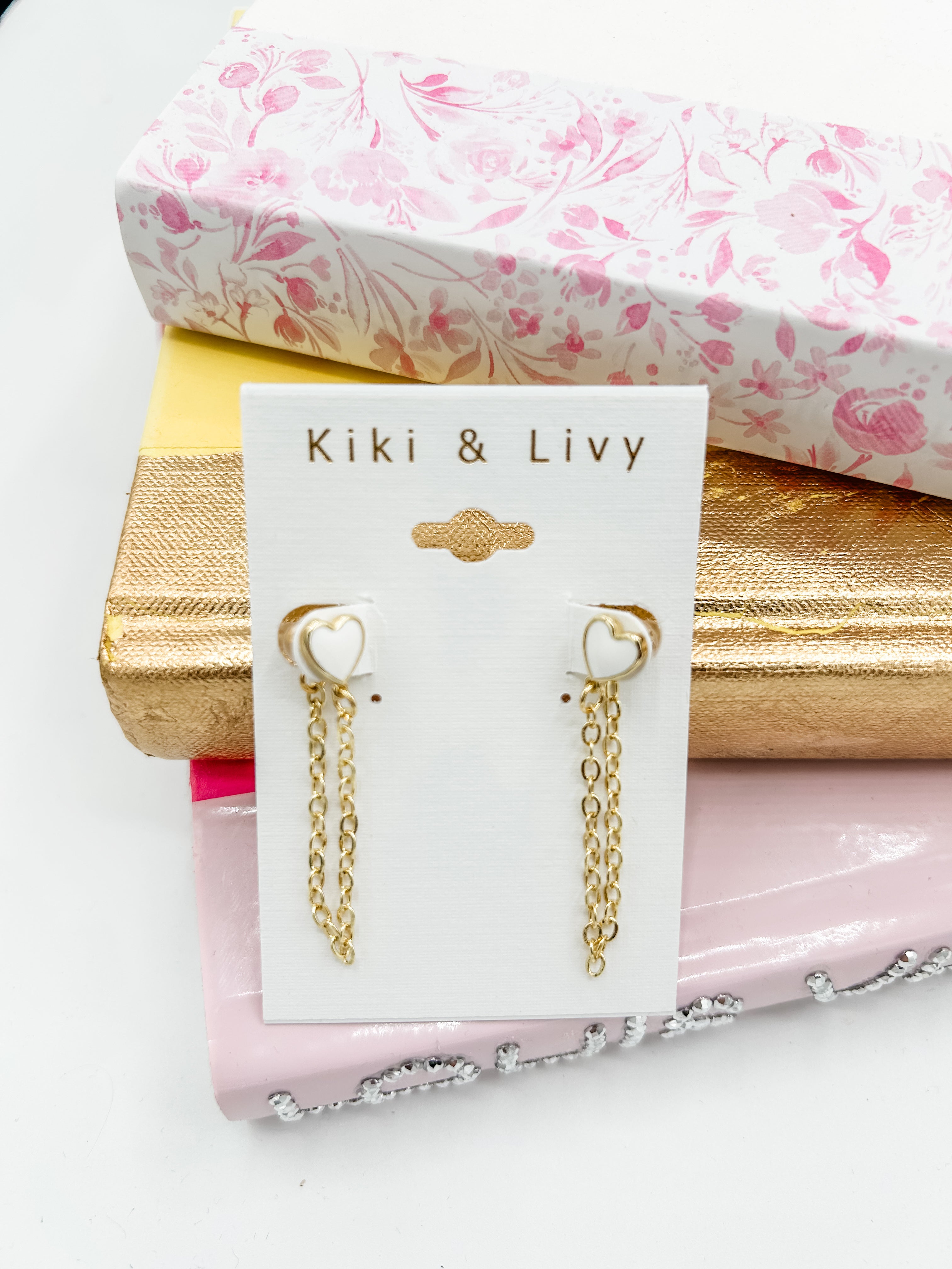 White Heart Chain Hoop Earrings