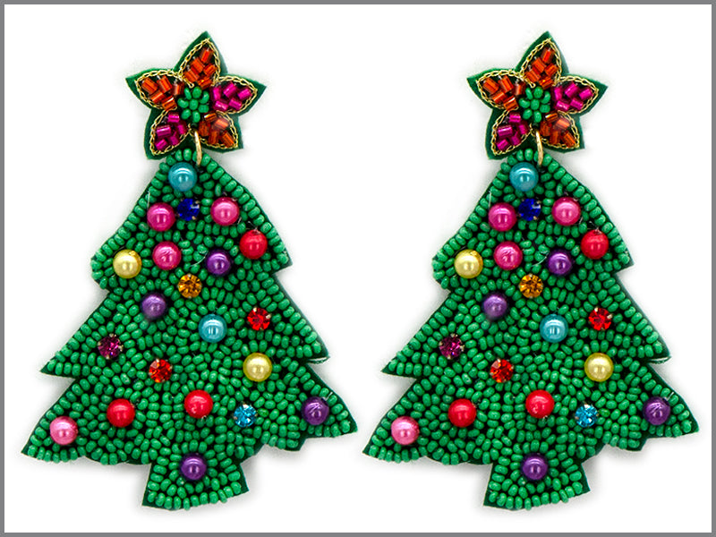 Green Beaded Christmas Tree Earrings