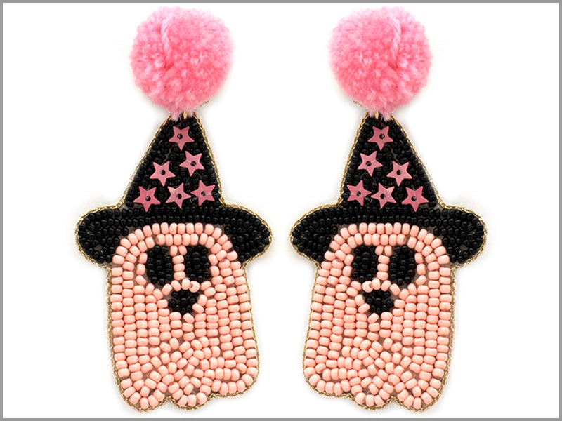 Pink Beaded Puff Ball Ghost Earrings