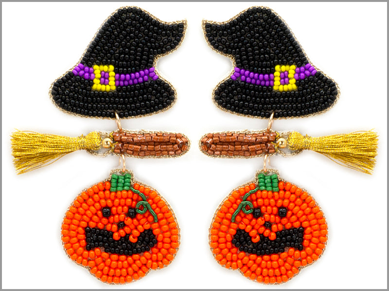Pumpkin Broom Hat Beaded Earrings