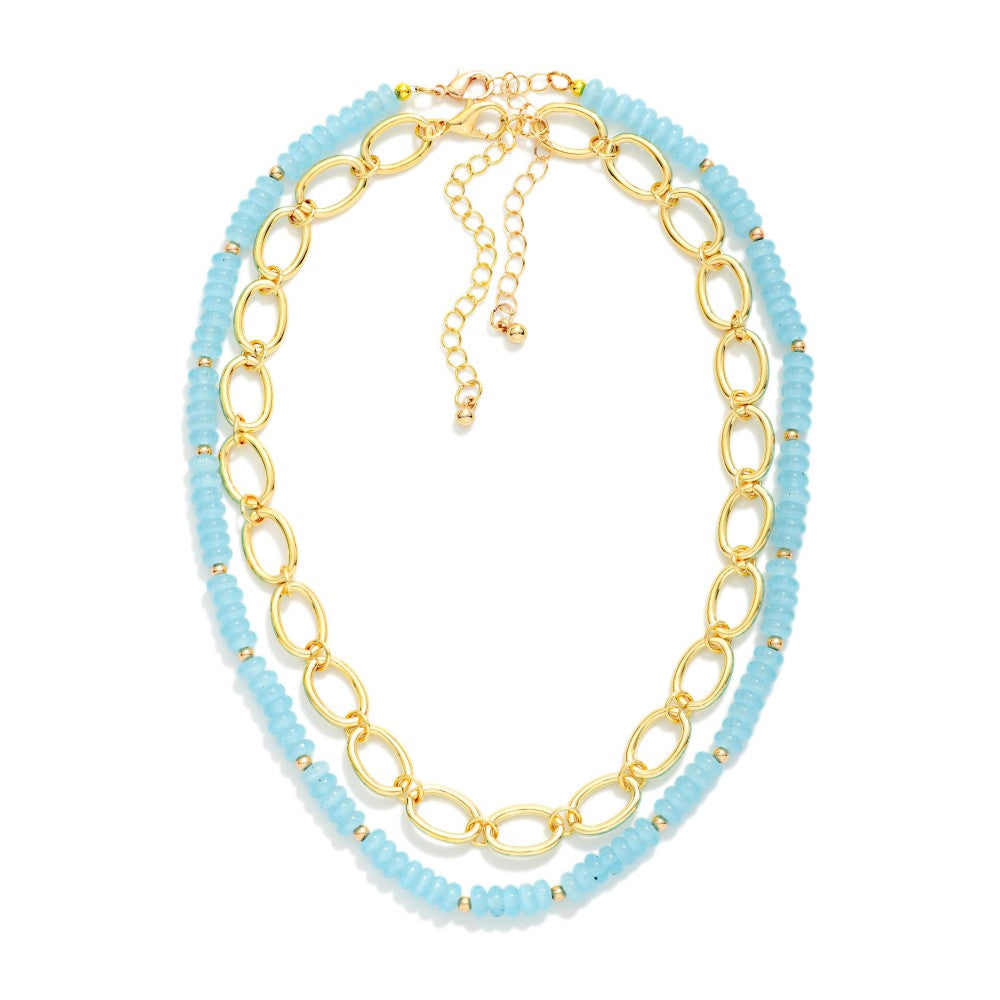 Turquoise Two Chain Link & Acetate Beaded Necklace