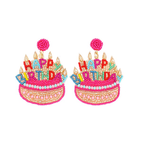 Pink Happy Birthday Beaded Cake Earrings