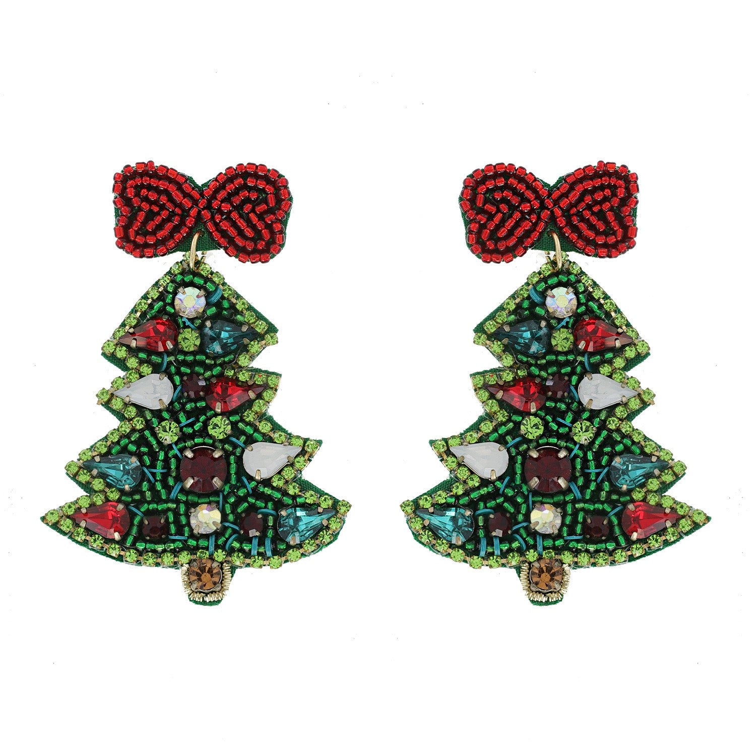 Red Bow Christmas Tree Beaded Earrings
