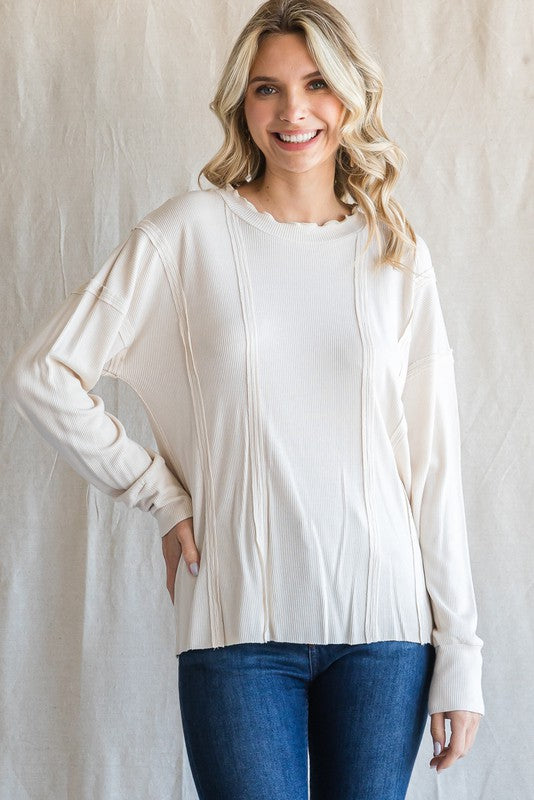 Cream Ribbed Long Sleeve Sweater