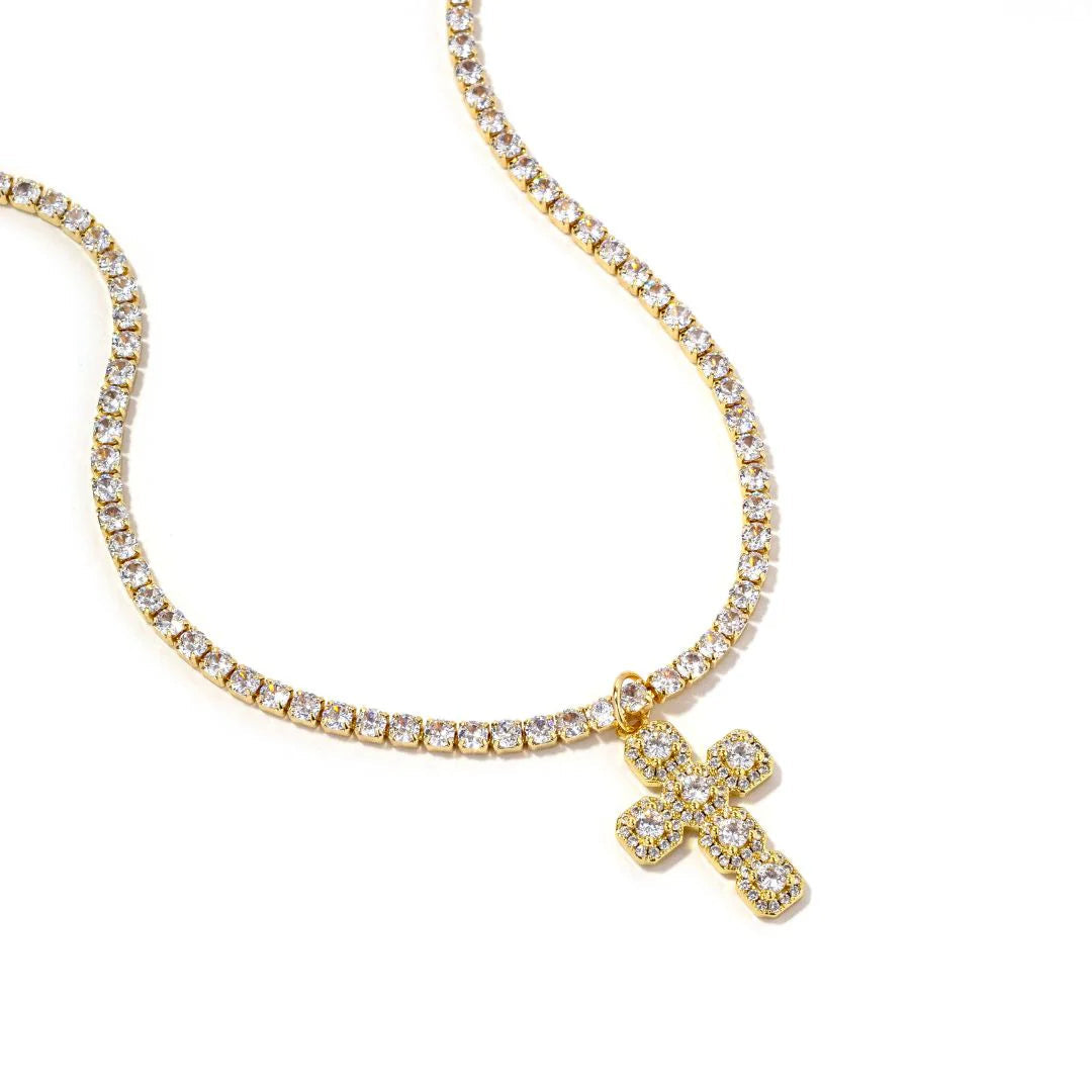 Gold Bubbles Rhinestone Cross Necklace