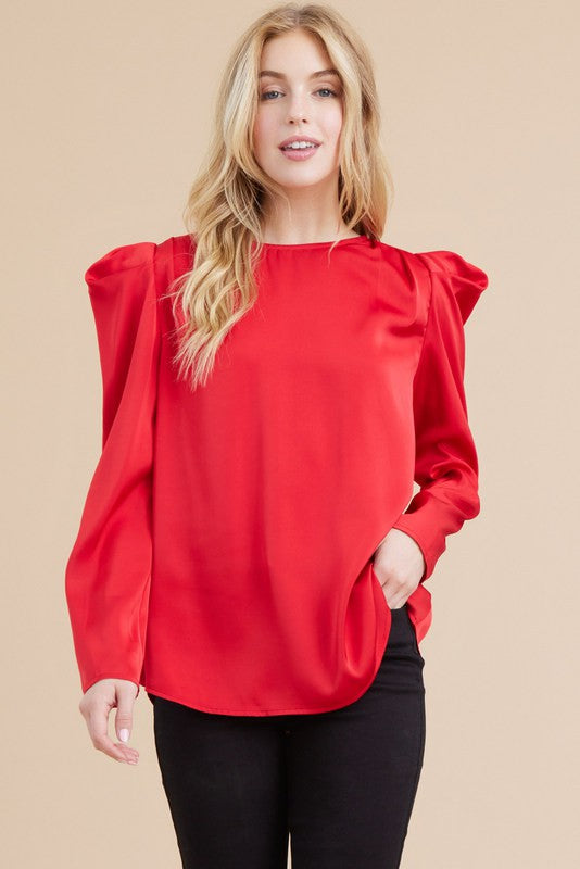 Red Satin Pleat Sleeve Top