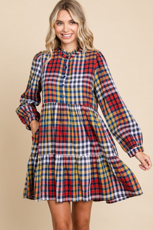 Gingham Long Sleeve Tiered Dress