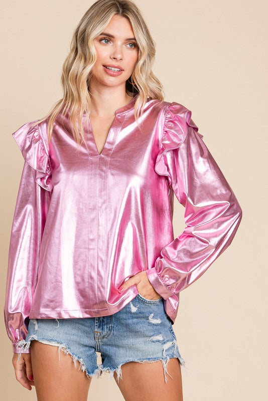 Pink Pleather Long Sleeve Top
