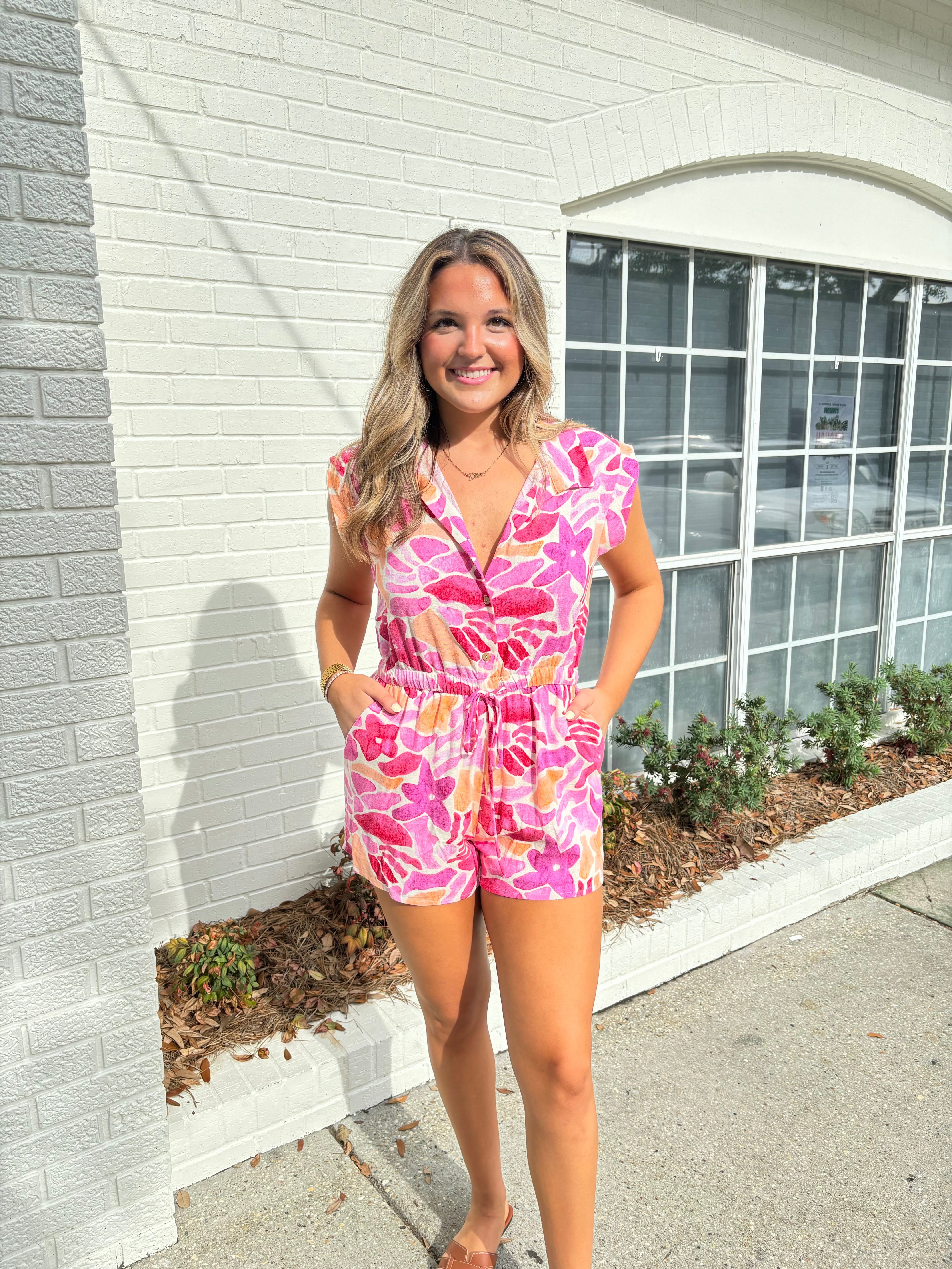 Pink Floral Button Down Romper