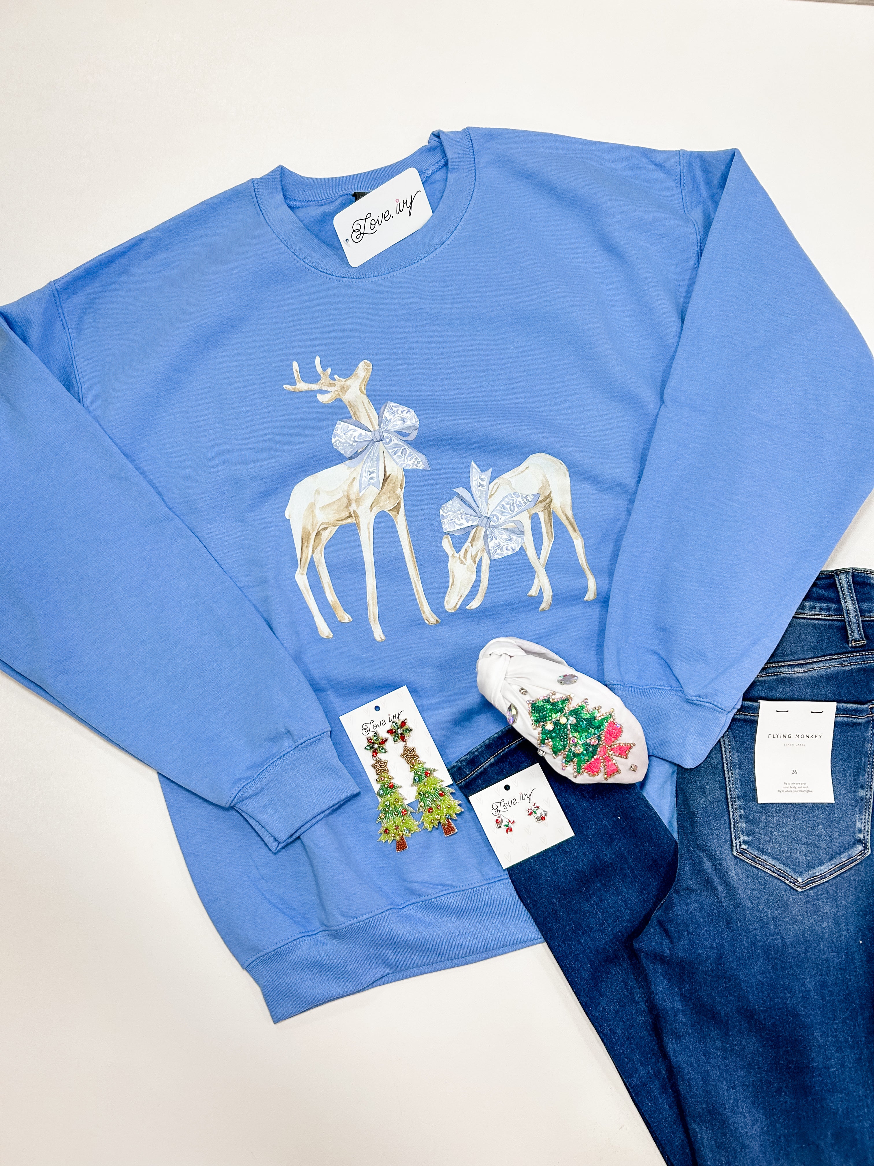 Reindeer Bow on Blue Sweatshirt