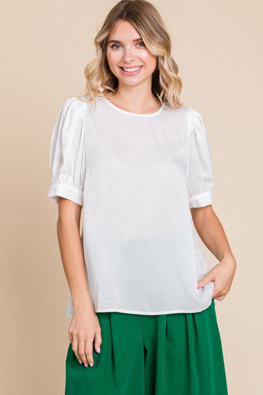 White Solid Glossy Puff Sleeve Top