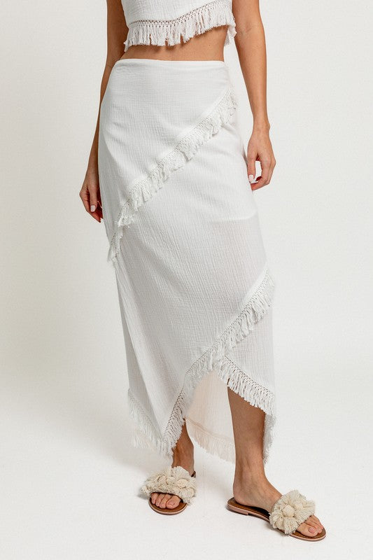 White Fringe Midi Skirt