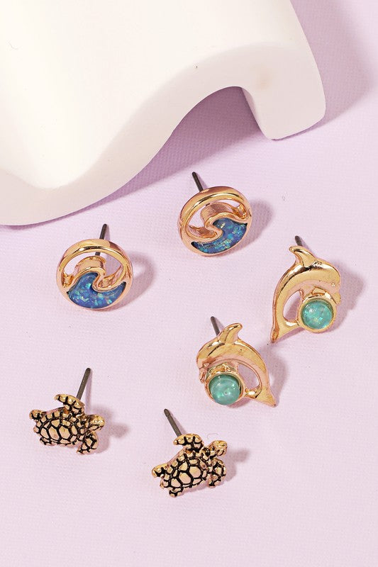 Gold Sea Themed Stud Earrings