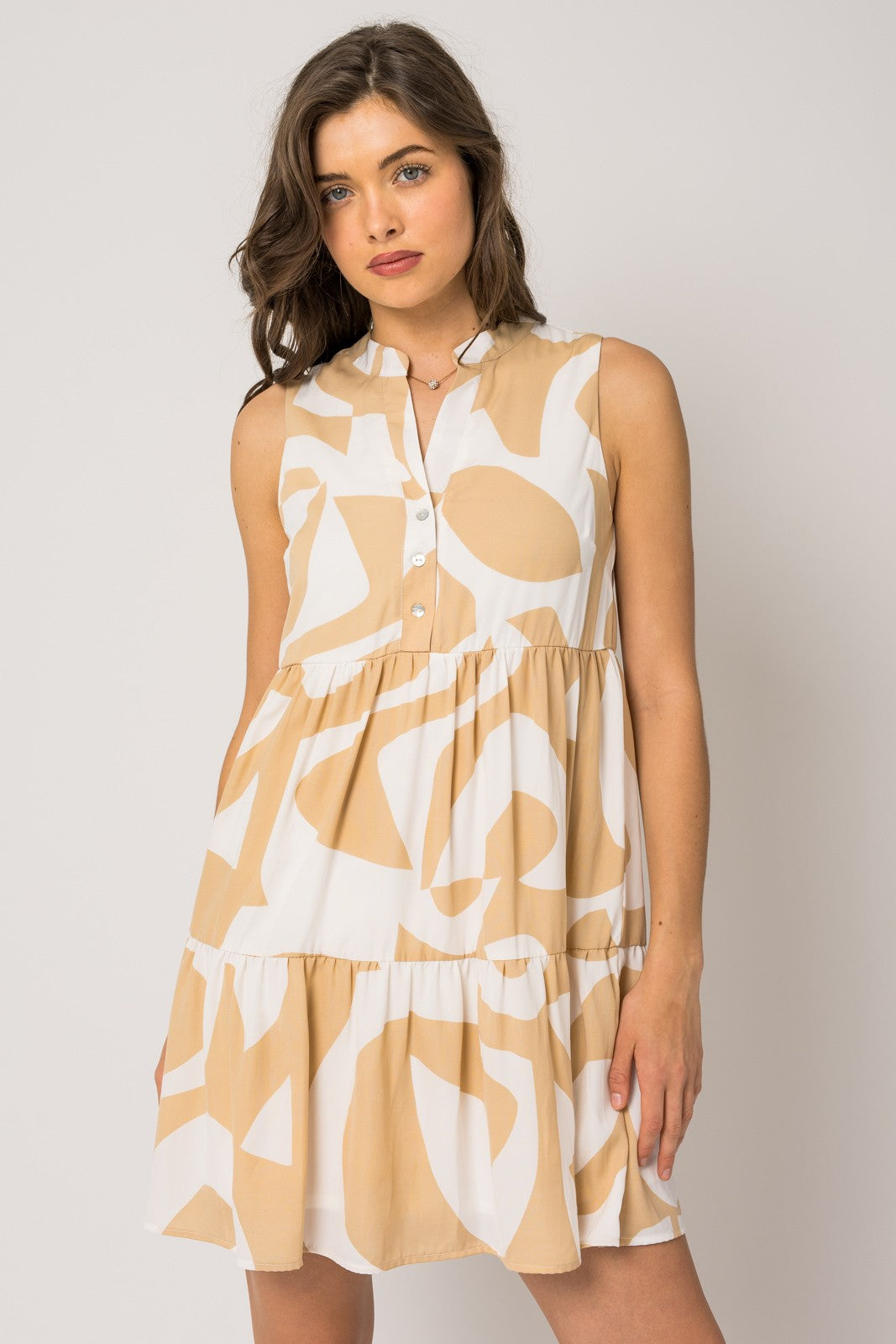 Taupe & White Print Dress