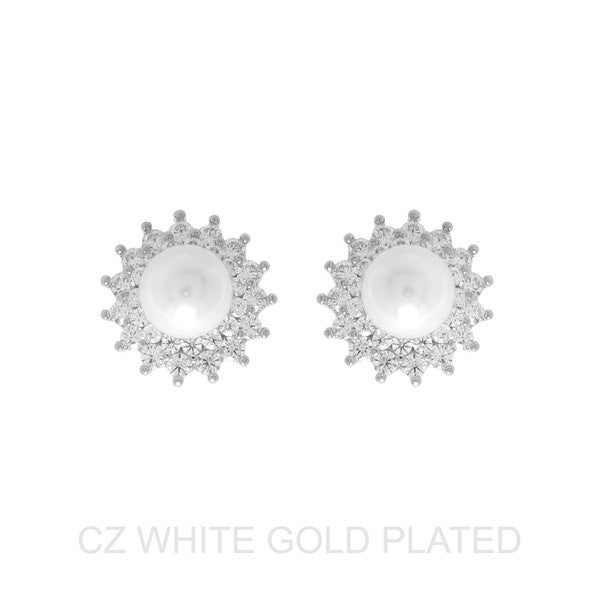 Silver CZ Pearl Sunburst Earrings