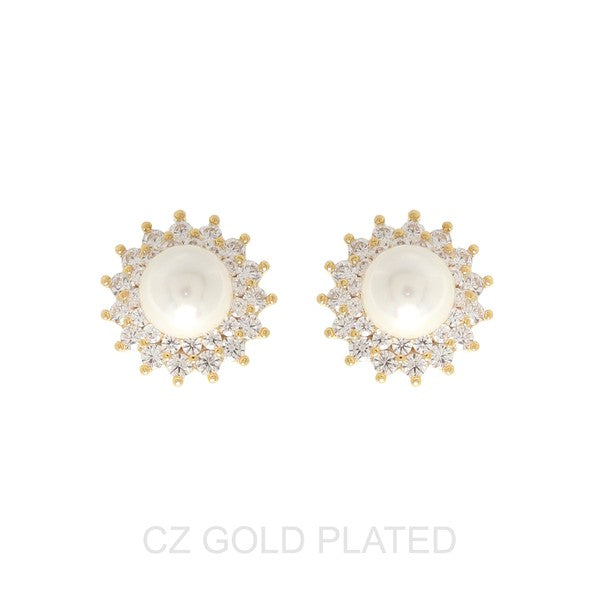 Gold CZ Pearl Sunburst Earrings