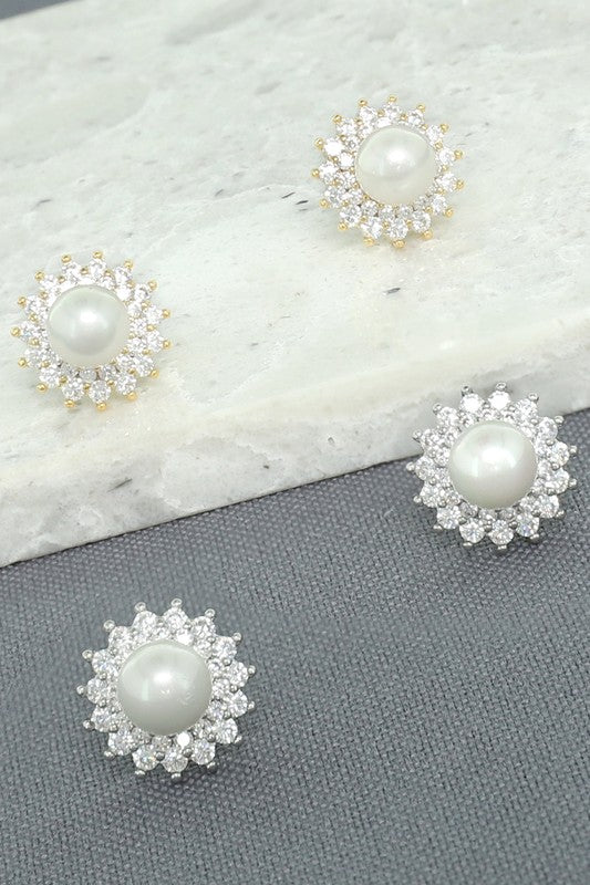 Silver CZ Pearl Sunburst Earrings