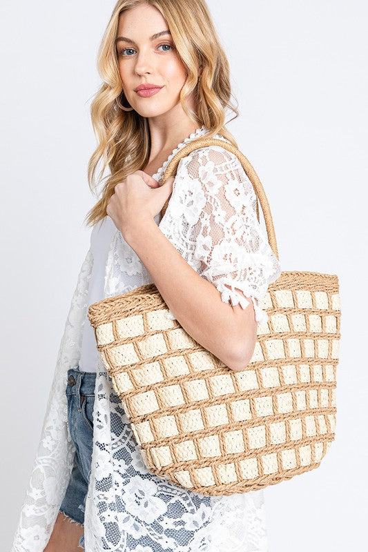 Taupe Two Toned Straw Tote