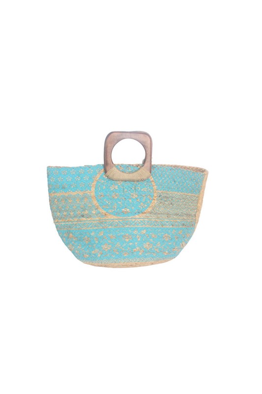Turquoise Wooden Handle Jute Bag