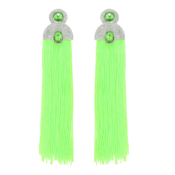 Lime Green Rhinestone Tassel Earrings