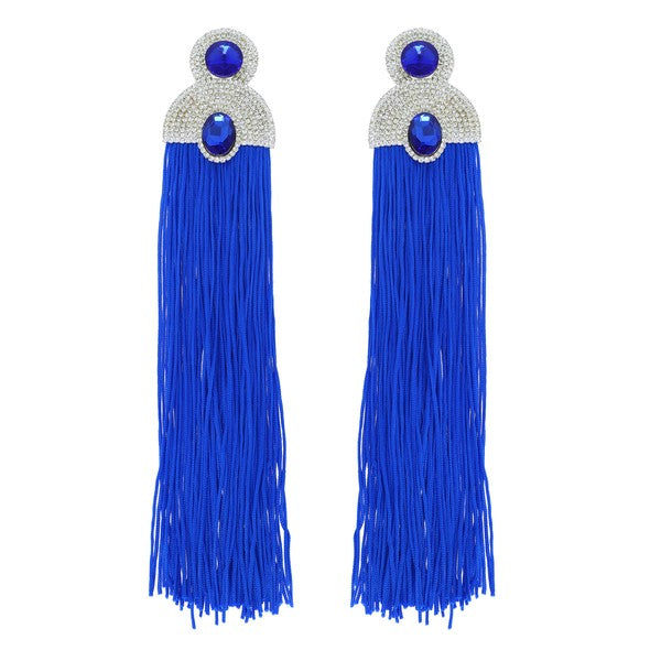 Royal Blue Rhinestone Tassel Earrings