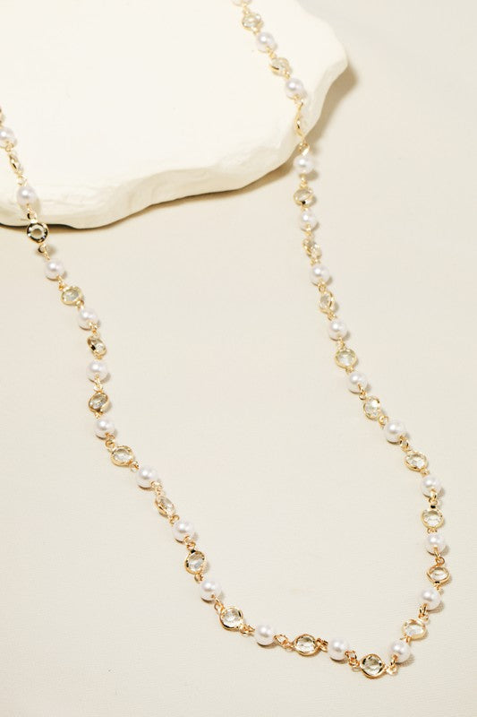 Gold Pearl & Rhinestone Chain Necklace