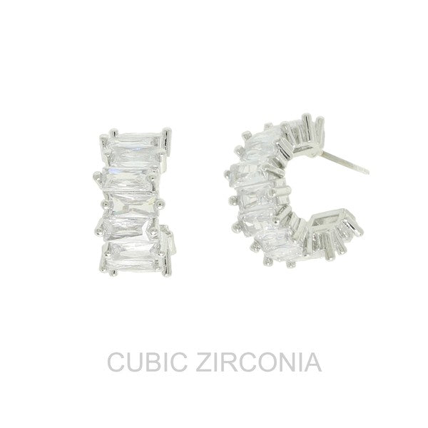 Silver CZ Baguette Hoop Earrings