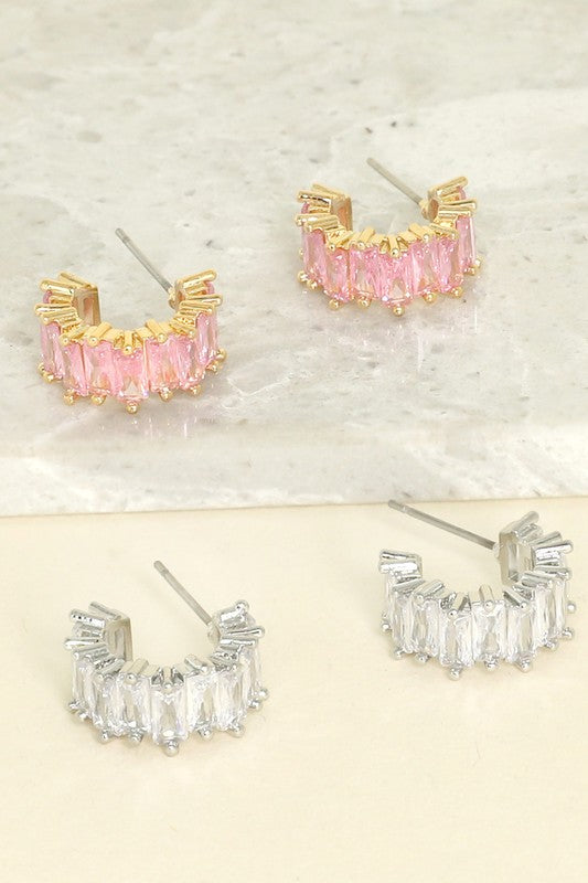 Gold Pink CZ Baguette Hoop Earrings