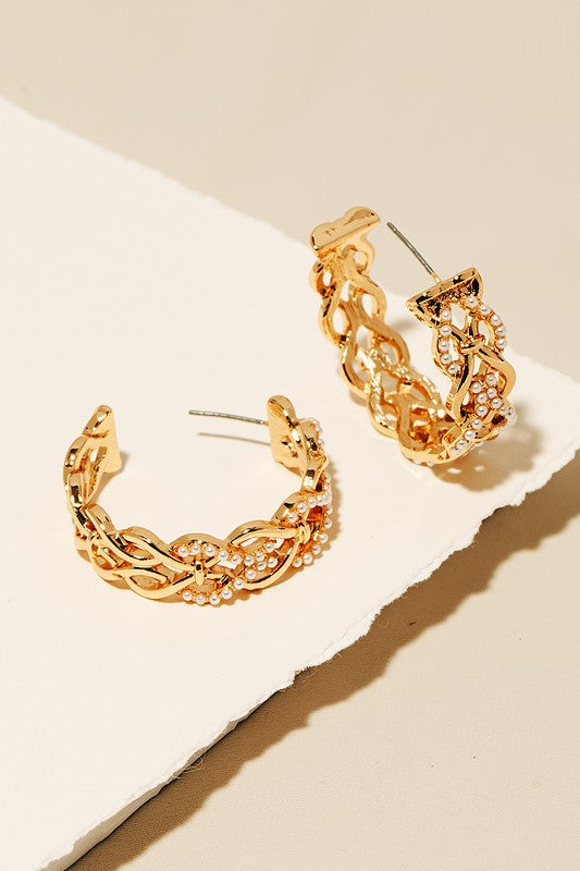 Gold Pearl Braided Hoop Earrings