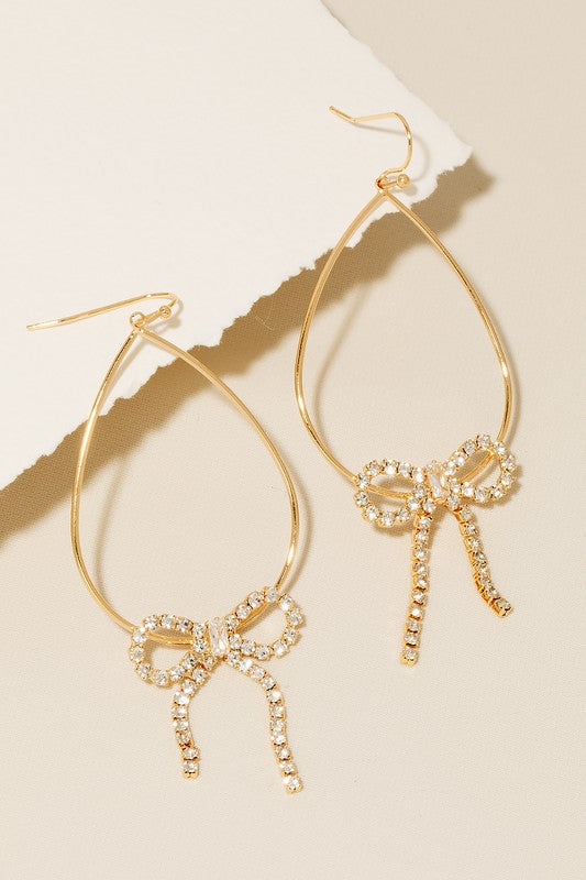 Gold Rhinestone Oval Bow Earrings