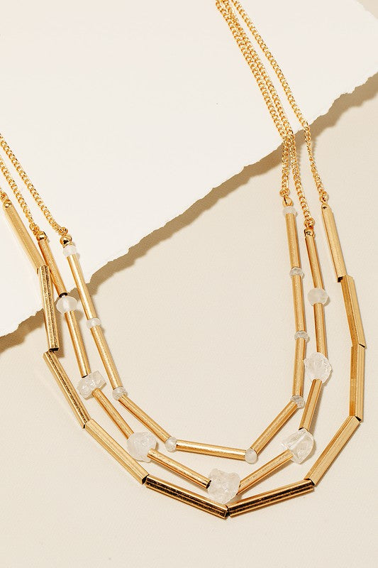 Gold White Stone Triple Necklace