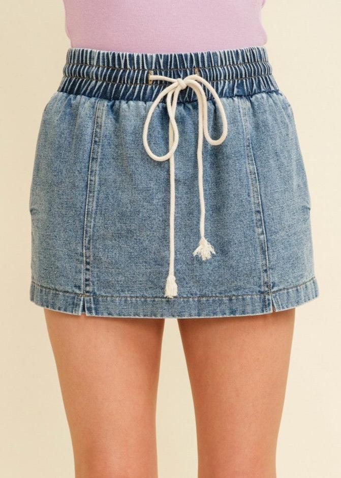 Washed Denim Elastic Waist Skort