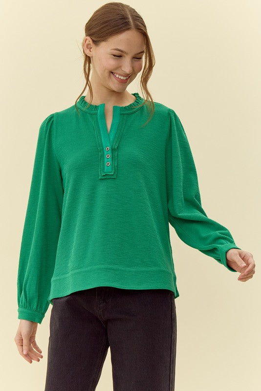 Green Ribbed Henley Top