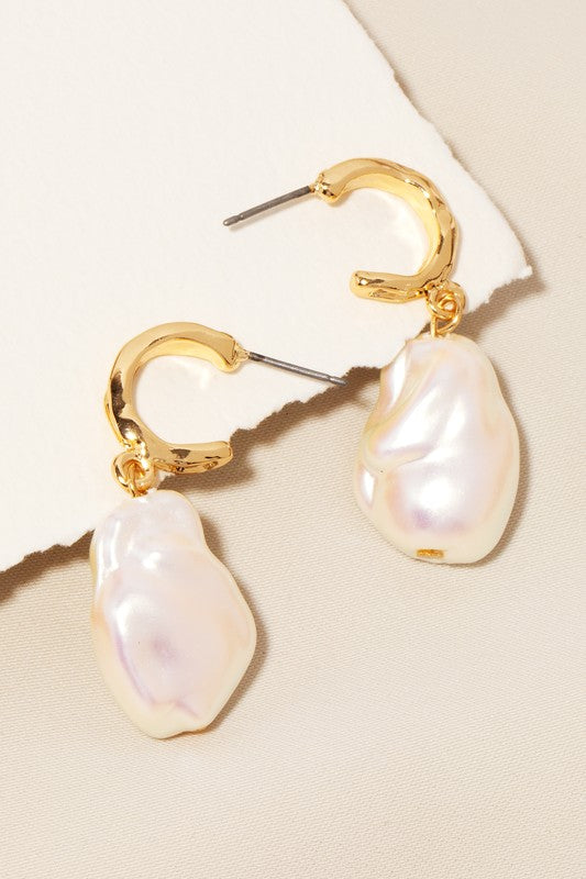 Gold Pearl Drop Hoop Earrings