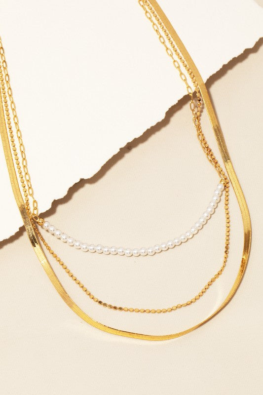 Gold Pearl Triple Layered Necklace
