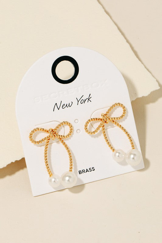 Gold Twist Bow Pearl Earrings
