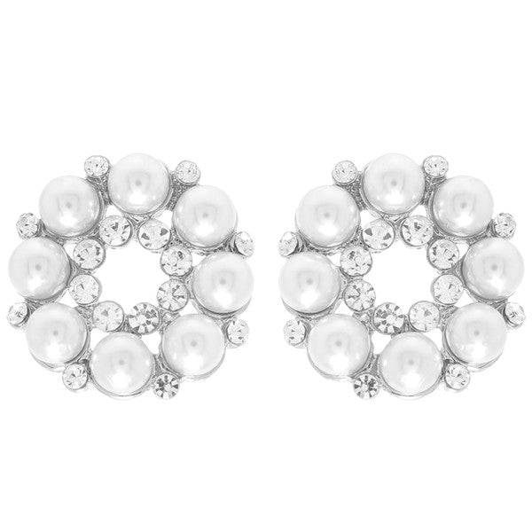 Silver Round Rhinestone Pearl Earrings