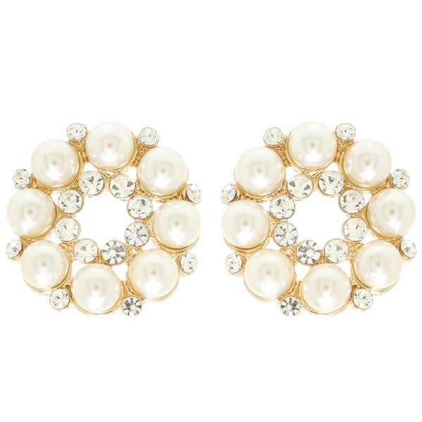 Gold Round Rhinestone Pearl Earrings