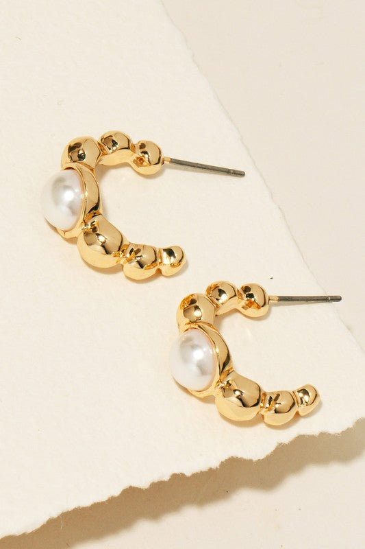 Gold Pearl Abstract Hoop Earrings