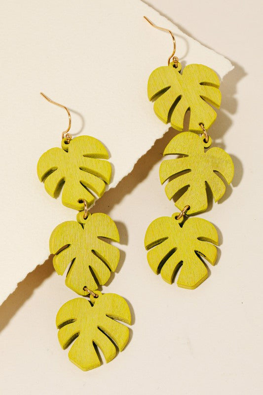 Lime Wooden Monstera Leaf Earrings