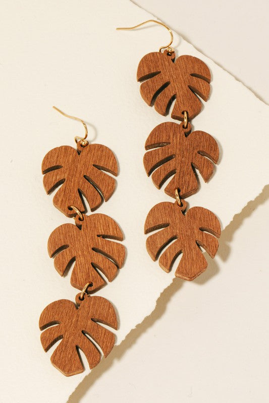 Brown Wooden Monstera Leaf Earrings